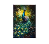 Animal Oil Painting - Colorful Peacock Displaying Its Iridescent Feathers- A Vibrant Symphony of Blues And Greens in Baroque Style Stylish Wall Hanging Art - Decorative Poster Mural16x24inch(40x60cm)