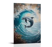 Animal Oil Painting - Graceful Dolphin Dance- A Playful Marine Scene Capturing Dolphins Leaping Through Turquoise Ocean Waves Modern Hanging Wall Decor - Artistic Mural Print08x12inch(20x30cm)