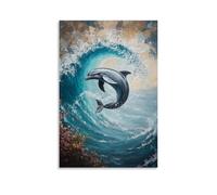 Animal Oil Painting - Graceful Dolphin Dance- A Playful Marine Scene Capturing Dolphins Leaping Through Turquoise Ocean Waves Modern Hanging Wall Decor - Artistic Mural Print24x36inch(60x90cm)