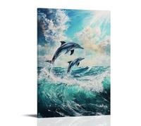 Animal Oil Painting - Graceful Dolphin Dance- Playful Dolphins Leaping through Turquoise Waves, Their Sleek Bodies Glistening Under The Sunlight Contemporary Hanging Wall Art - Decorative Mural Design