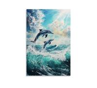Animal Oil Painting - Graceful Dolphin Dance- Playful Dolphins Leaping through Turquoise Waves, Their Sleek Bodies Glistening Under The Sunlight Contemporary Hanging Wall Art - Decorative Mural Design