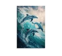Animal Oil Painting - Graceful Dolphins at Play- A Vibrant Underwater Scene Capturing Dolphins Dancing through Turquoise Waves with Shimmering Light Effects Contemporary Hanging Wall Art - Decorative