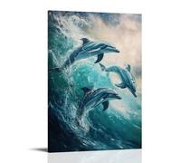 Animal Oil Painting - Graceful Dolphins at Play- A Vibrant Underwater Scene Capturing Dolphins Dancing through Turquoise Waves with Shimmering Light Effects Contemporary Hanging Wall Art - Decorative