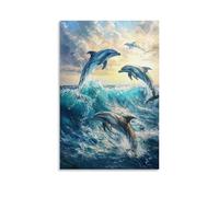 Animal Oil Painting - Graceful Dolphins at Play- A Vibrant Underwater Scene of Dolphins Leaping through Turquoise Waves Under Dappled Sunlight Contemporary Hanging Wall Art - Decorative Mural Design20