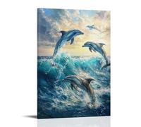 Animal Oil Painting - Graceful Dolphins at Play- A Vibrant Underwater Scene of Dolphins Leaping through Turquoise Waves Under Dappled Sunlight Contemporary Hanging Wall Art - Decorative Mural Design16