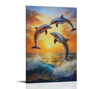 Animal Oil Painting - Graceful Dolphins at Sunset- Playful Marine Creatures Leaping Through Waves in Warm Ocean Hues Contemporary Hanging Wall Art - Decorative Mural Design20x30inch(50x75cm)