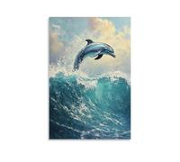 Animal Oil Painting - Graceful Dolphins Dancing in Turquoise Waters- Playful Dolphins Leaping through Shimmering Ocean Waves Stylish Wall Hanging Art - Decorative Poster Mural12x18inch(30x45cm)