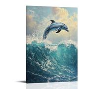 Animal Oil Painting - Graceful Dolphins Dancing in Turquoise Waters- Playful Dolphins Leaping through Shimmering Ocean Waves Stylish Wall Hanging Art - Decorative Poster Mural08x12inch(20x30cm)