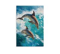 Animal Oil Painting - Graceful Dolphins Dancing in Turquoise Waves- Playful Dolphins Leaping through Crystal-clear Ocean Waters Contemporary Hanging Wall Art - Decorative Mural Design24x36inch(60x90cm