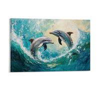Animal Oil Painting - Graceful Dolphins Dancing in Turquoise Waves- Playful Dolphins Leaping through Vibrant Ocean Waters with Impressionistic Brushstrokes Contemporary Hanging Wall Art - Decorative M