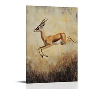Animal Oil Painting - Graceful Gazelle- A Delicate Depiction of A Gazelle Mid-leap through Sun-dappled Savanna Grass, Capturing Elegance in Motion Contemporary Hanging Wall Art - Decorative Mural Desi