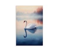 Animal Oil Painting - Graceful White Swan Gliding Across A Misty Lake at Dawn Modern Hanging Wall Decor - Artistic Mural Print16x24inch(40x60cm)