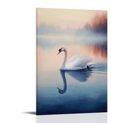 Animal Oil Painting - Graceful White Swan Gliding Across A Misty Lake at Dawn Modern Hanging Wall Decor - Artistic Mural Print20x30inch(50x75cm)