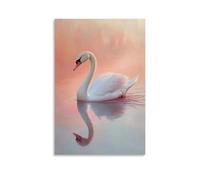 Animal Oil Painting - Graceful White Swan Gliding Across A Serene Lake, Reflecting Soft Pink Sunset on Rippling Water Contemporary Hanging Wall Art - Decorative Mural Design20x30inch(50x75cm)