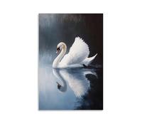 Animal Oil Painting - Graceful White Swan Gliding on Mirror-Like Lake at Twilight Modern Hanging Wall Decor - Artistic Mural Print08x12inch(20x30cm)