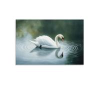 Animal Oil Painting - Graceful White Swan Gliding on Serene Lake with Ripples And Soft Reflections Stylish Wall Hanging Art - Decorative Poster Mural20x30inch(50x75cm)