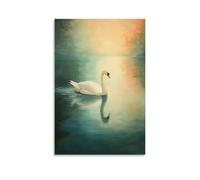 Animal Oil Painting - Graceful White Swan Gliding on Serene Lake with Soft Water Reflections And Pastel Skies Modern Hanging Wall Decor - Artistic Mural Print16x24inch(40x60cm)