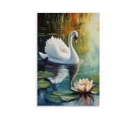 Animal Oil Painting - Graceful White Swan Gliding on Serene Lake with Water Lily Reflections Stylish Wall Hanging Art - Decorative Poster Mural24x36inch(60x90cm)