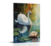 Animal Oil Painting - Graceful White Swan Gliding on Serene Lake with Water Lily Reflections Stylish Wall Hanging Art - Decorative Poster Mural20x30inch(50x75cm)