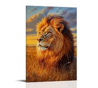 Animal Oil Painting - Majestic Lion in Golden Savannah- A Regal Lion Basking in The Warm Sunset Hues of The African Plains, His Mane Glowing Like Molten Gold Contemporary Hanging Wall Art - Decorative