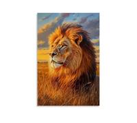 Animal Oil Painting - Majestic Lion in Golden Savannah- A Regal Lion Basking in The Warm Sunset Hues of The African Plains, His Mane Glowing Like Molten Gold Contemporary Hanging Wall Art - Decorative