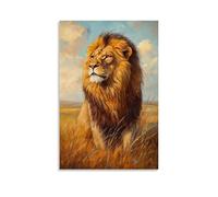 Animal Oil Painting - Majestic Lion in Golden Savannah- A Regal Portrait of The King of Beasts with Sunlight Filtering Through His Mane Contemporary Hanging Wall Art - Decorative Mural Design08x12inch