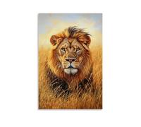Animal Oil Painting - Majestic Lion in Golden Savannah- A Regal Portrait of The King of Beasts with Sunlit Mane And Piercing Gaze Modern Hanging Wall Decor - Artistic Mural Print20x30inch(50x75cm)