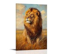 Animal Oil Painting - Majestic Lion in Golden Savannah- A Regal Portrait of The King of Beasts with Sunlight Filtering Through His Mane Contemporary Hanging Wall Art - Decorative Mural Design16x24inch