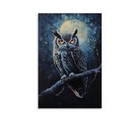 Animal Oil Painting - Mystical Owl- A Wise Old Owl Perched on Moonlit Branch, with Glowing Eyes And Intricate Feather Details in Dark Hues Contemporary Hanging Wall Art - Decorative Mural Design24x36i