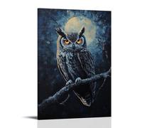Animal Oil Painting - Mystical Owl- A Wise Old Owl Perched on Moonlit Branch, with Glowing Eyes And Intricate Feather Details in Dark Hues Contemporary Hanging Wall Art - Decorative Mural Design08x12i