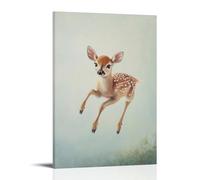 Animal Oil Painting of A Baby Deer Bungee-jumping from An Invisible Ledge, Framed Against A Pale Sage Green Sky. Fashionable Wall Decor - Hanging Art Poster And Mural20x30inch(50x75cm)