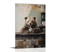 Animal Oil Painting of A Bear Sipping Espresso While Leaning Against A Tiled Café Counter Painted in Muted Olive Tones. Wall Art Mural Modern Decoration Hanging Art Poster 20x30inch(50x75cm)