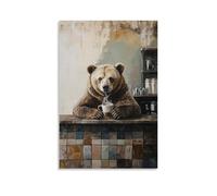 Animal Oil Painting of A Bear Sipping Espresso While Leaning Against A Tiled Café Counter Painted in Muted Olive Tones. Wall Art Mural Modern Decoration Hanging Art Poster 12x18inch(30x45cm)