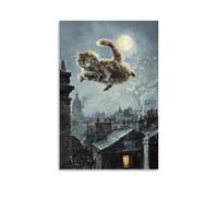 Animal Oil Painting of A Cat Leaping from Rooftop to Rooftop in A Night City Freerun, Set Against A Moonlit Gray Background. Fashionable Wall Decor - Hanging Art Poster And Mural24x36inch(60x90cm)