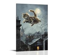 Animal Oil Painting of A Cat Leaping from Rooftop to Rooftop in A Night City Freerun, Set Against A Moonlit Gray Background. Fashionable Wall Decor - Hanging Art Poster And Mural12x18inch(30x45cm)