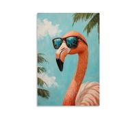 Animal Oil Painting of A Flamingo Adjusting Sunglasses in Front of A Beach Cabana Mirror, Set Against A Pastel Seafoam Canvas. Trendy Hanging Wall Art Decorative Mural Poster08x12inch(20x30cm)