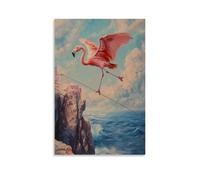 Animal Oil Painting of A Flamingo Balancing on A Slackline Stretched Above Ocean Cliffs, Wings Extended Under A Coral Sky. Fashionable Wall Decor - Hanging Art Poster And Mural24x36inch(60x90cm)