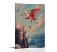 Animal Oil Painting of A Flamingo Balancing on A Slackline Stretched Above Ocean Cliffs, Wings Extended Under A Coral Sky. Fashionable Wall Decor - Hanging Art Poster And Mural24x36inch(60x90cm)
