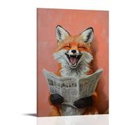 Animal Oil Painting of A Fox Laughing Uncontrollably While Reading A Joke in The Newspaper, Set Against A Pastel Coral Wall. Fashionable Wall Decor - Hanging Art Poster And Mural20x30inch(50x75cm)