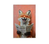 Animal Oil Painting of A Fox Laughing Uncontrollably While Reading A Joke in The Newspaper, Set Against A Pastel Coral Wall. Fashionable Wall Decor - Hanging Art Poster And Mural16x24inch(40x60cm)