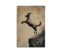 Animal Oil Painting of A Goat Hang-gliding from A Cliff, Hooves Out, on A Faded Beige Background. Decorative Modern Mural - Wall Art Hanging Poster 20x30inch(50x75cm)