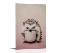 Animal Oil Painting of A Hedgehog Sipping Coffee from A Giant Mug That Dwarfs Its Tiny Body, Background Dusty Pastel Pink. Wall Art Mural Modern Decoration Hanging Art Poster 16x24inch(40x60cm)