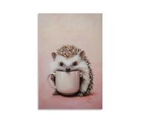 Animal Oil Painting of A Hedgehog Sipping Coffee from A Giant Mug That Dwarfs Its Tiny Body, Background Dusty Pastel Pink. Wall Art Mural Modern Decoration Hanging Art Poster 16x24inch(40x60cm)