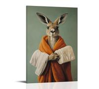 Animal Oil Painting of A Kangaroo Wrapped in Three Towels, One for Each Limb, Standing Proudly on A Sage Green Background. Fashionable Wall Decor - Hanging Art Poster And Mural24x36inch(60x90cm)