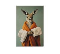 Animal Oil Painting of A Kangaroo Wrapped in Three Towels, One for Each Limb, Standing Proudly on A Sage Green Background. Fashionable Wall Decor - Hanging Art Poster And Mural16x24inch(40x60cm)