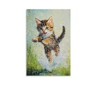 Animal Oil Painting of A Kitten Surfing Puddles during A Spring Rain, Caught in A Playful Leap Against A Pastel Green Field. Fashionable Wall Decor - Hanging Art Poster And Mural24x36inch(60x90cm)