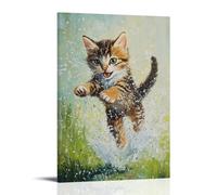 Animal Oil Painting of A Kitten Surfing Puddles during A Spring Rain, Caught in A Playful Leap Against A Pastel Green Field. Fashionable Wall Decor - Hanging Art Poster And Mural24x36inch(60x90cm)