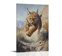 Animal Oil Painting of A Lynx Running Mountain Trails Like An Extreme Marathoner, Shadow Stretched over Sage Landscapes. Decorative Wall Mural Modern Hanging Art Poster20x30inch(50x75cm)