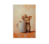 Animal Oil Painting of A Mouse Struggling to Lift A Coffee Mug Almost Bigger Than Itself, Framed Against A Faded Soft Coral Sky. Fashionable Wall Decor - Hanging Art Poster And Mural20x30inch(50x75cm)