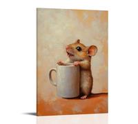Animal Oil Painting of A Mouse Struggling to Lift A Coffee Mug Almost Bigger Than Itself, Framed Against A Faded Soft Coral Sky. Fashionable Wall Decor - Hanging Art Poster And Mural24x36inch(60x90cm)